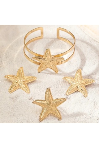 Deniz Yıldızı Charm Bileklik Ve Küpe Yüzük Seti Altın Kaplama