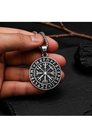 Paslanmaz Çelik Rün Harf Detaylı Kolye Çift Taraflı Vegvisir Viking Pusula Kolye Antik Gümüş