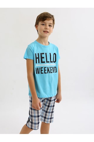 Vitmo Erkek Çocuk Kısa Kollu Kapri %100 Pamuklu Pijama Takımı Hello Weekend Turkuaz