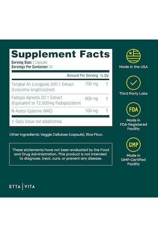 Etta Vita Tongkat Ali Longjack 200:1 Str.ong Formula With Fadogia Agrestis 60 Veggie Kapsül Orijinal Usa Menşeii Dmmedicineden