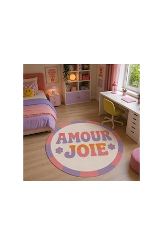 "aura" Serisi - Amour Joie Yazılı Retro Yuvarlak Krem Mor Pastel Dokuma Taban Dekoratif Halı Aura26 Çok Renkli