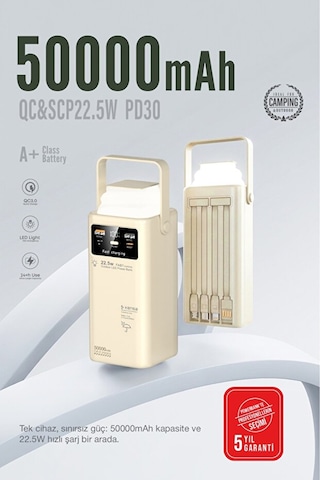 50.000 Mah Outdoor Led Işıklı Hızlı Şarj Powerbank Usb-c & Çoklu Cihaz Desteği Beyaz
