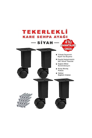 4 Adet 15cm Boy Siyah Kare Plastik Tekerlekli Mobilya Sehpa Ayağı Beyaz