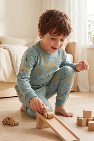 Zuzunga Erkek Çocuk Dinozor Ve Safari Hayvanları Desenli Uzun Kollu Alt Üst Pijama Takımı Açık Yeşil