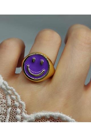 Mor Renkli Altın Kaplama Ayarlanabilir Gülen Yüz Yüzük Altın
