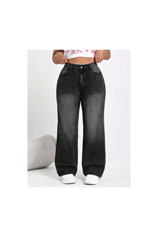 Kene Jeans Arka Kemer Lastik Füme İşlemli Büyük Beden/battal Boru Paça Denim Pantolon Siyah