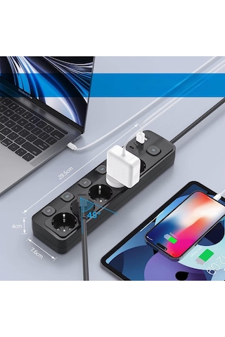 2 Mt Kablolu Power Tuşlu Isıya Dayanaklı 5'li Grup Priz Uzatma 2x Usb 2x Type-c Çıkışlı Priz Uzatma 2 M