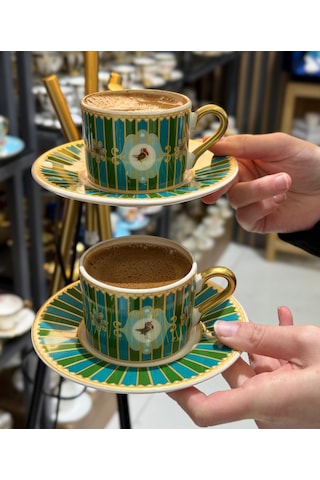 2 Kişilik Green Bird Double Kahve Fincanı-4657 Yeşil