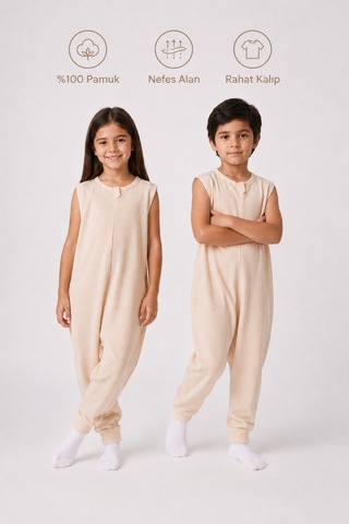 Babyhola 1 Tog Yazlık Çocuk Uyku Tulumu 1-8 Yaş Unisex Kısa Kollu %100 Pamuk Waffle 2702 Bej