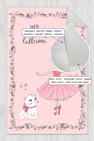 Pembe Balerin Desenli Baskılı Yıkanabilir Kaymaz Kız Çocuk Odası Anaokulu Kreş Halısı