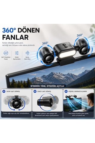 Polham Çift Fanlı Klipsli Led Monitör Lambası 360 Dönebilen Fan, 5 Kademe Hız, Sessiz Çalışma, Usb