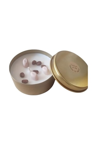 Faveury Kahve Kokulu Soya Mum Çekirdek Detaylı Metal Kutuda Çiftlerin Sıcak Anları İçin El Yapımı, Doğal, 30 Saat Yanış 50 x 22