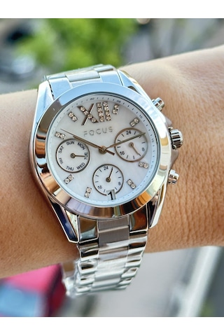 Focus Dual Time Aktif Göstregeler Komple Çelik Spor Şık Kullanıma Uygun Kadın Kol Saati Metalik