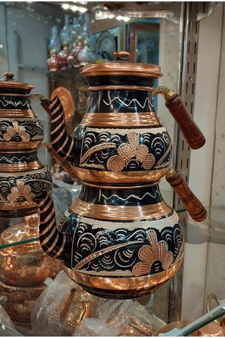 Bakır Çaydanlık El Işlemesi Çiçek Desenli Siyah Renk İşlemeli