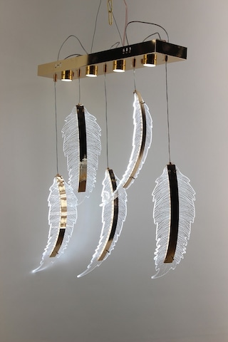 Lüks Gold Detaylı Kuş Tüyü Formlu Akrilik 5'li Sıralı Serisi Modern Led Avize