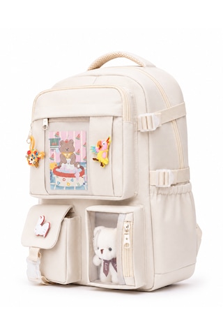 Quovo Kawaii Bag Club Kore Tarzı Full Aksesuarlı Ortopedik Günlük Yeni Okul Sırt Çantası Krem