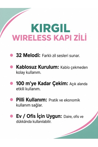 Kırgıl Wireless Kablosuz Kapı Zili 32 Melodili Pilli Kapı Zili