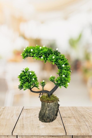 Yapay Çiçek Bonsai Ağacı Kütük Saksıda Beyaz Tomurcuklu Hilal Model Dekoratif Yapay Ağaç Bonzai 30 20 Cm