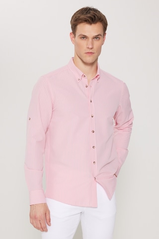 AC&Co / Altınyıldız Classics Erkek Pembe Slim Fit Dar Kesim Düğmeli Gömlek Yaka Uzun Kollu Gömlek Pembe