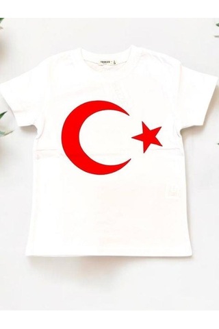 Breeze Çocuk Ay Yıldızlı Pamuklu Yarım Kol Tshirt-13374 Beyaz