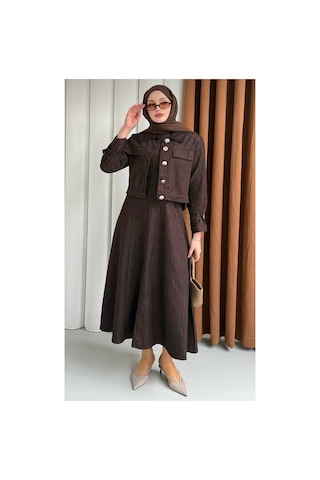 Hatun Kahverengi Gold Düğmeli Crop Ceket Ve Jile Kot Takım Bordo Bordo