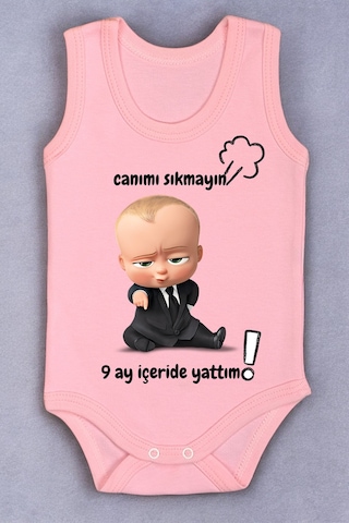 Bebetospik %100 Pamuk 9 Ay İçeride Yattım Baskılı Zıbın & Body Pembe