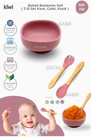 Kiwi 3 Parça Kase Çatal Kaşık Beslenme Seti - Doğal Silikon Bpa İçermez- Dark Pink