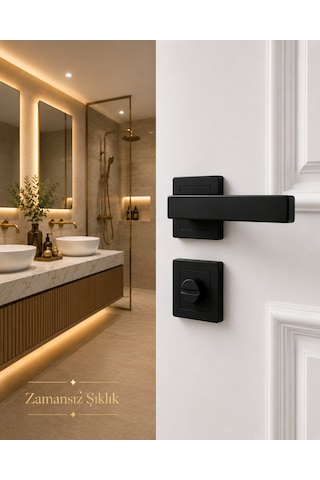 Mat Siyah Kare Rozetli Wc Banyo Kapı Kolu Alüminyum Yapı Modern Tasarım