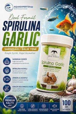 White Balance Spirulina Garlic Granül Balık Yemi - Sarımsak Ve Spirulina İçerikli Özel Formül - Premium Balık Yemi - 100 Ml