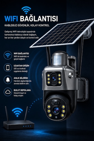 Wifi 3 Kameralı Solar Panelli İkaz Lambalı Gece Görüşlü Güvenlik Kamerası