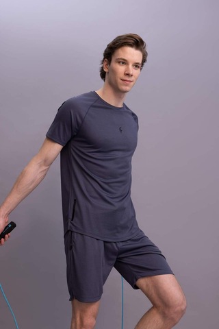 Defacto DeFactoFit Slim Fit Yaka Baskılı Sporcu Kısa Kollu Tişört V2887AZ23SPIN234 İndigo