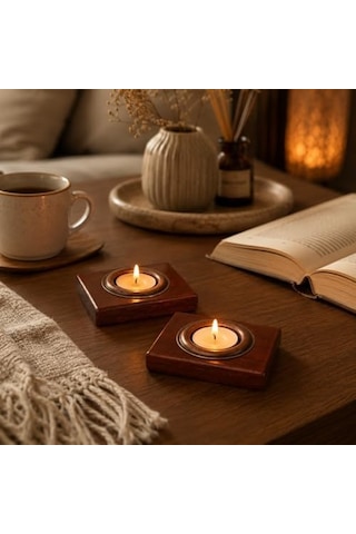 Bfastore El Yapımı Ahşap Tealight Mumluk Seti, Dekoratif Tasarım, 2 Adet, 9x7x1,5 Cm, Renk Seçenekli Koyu Maun Mumluk + Antik Renkli Hazne Altın