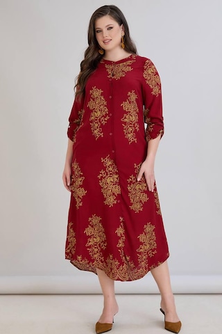 Wearon Kadın Fatoş Cep Detaylı Dokuma Viskon Kırmızı Gömlek Elbise Kırmızı