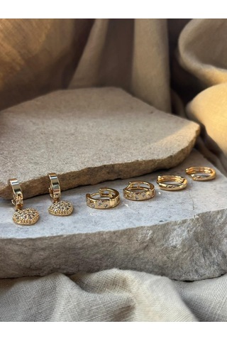 Altın Renkli Kalpli Yuvarlak Altılı Küpe Çok Renkli