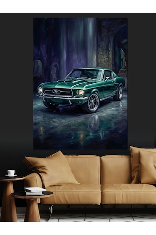Gece Işıkları Altında Yeşil Mustang Dekoratif Kanvas - Mdf Ahşap Tablo