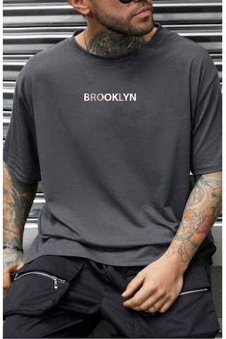 Flood Of Style Erkek Füme Brooklyn Baskılı Oversize Gri