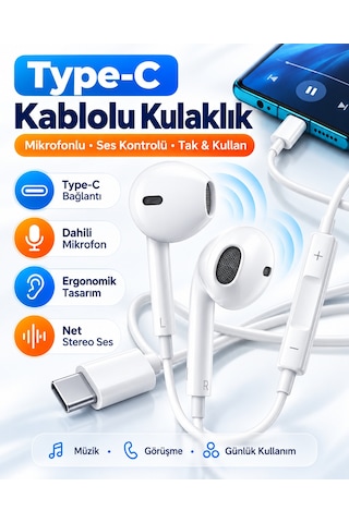 Type-c Girişli Kablolu Kulaklık Mikrofonlu Kulak İçi Kulaklık Ses Kontrol Tuşlu Telefon Tablet Uyumlu Usb-c Kulaklık