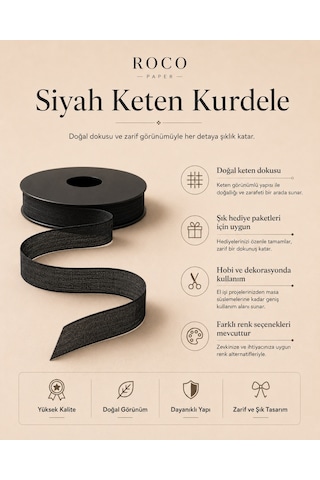 Siyah Keten Kurdele 2,5 Cm X 20 Metre, Hediye Paketi Ve Hobi Şeridi, Ambalaj Ve Süsleme Kurdelesi