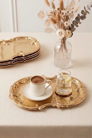 6'lı Bulut Gold İşlemeli Vintage Tepsi,şık Servis Tabağı-sunum Tepsisi Sunumluk 31 Cm Altın
