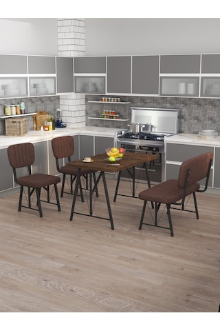 Hayat 70x110 Amalfi Mutfak Masası, Mutfak Masası Takımı, Yemek Masası, 2 Sandalye 1 Bench - Kahverengi Kahverengi