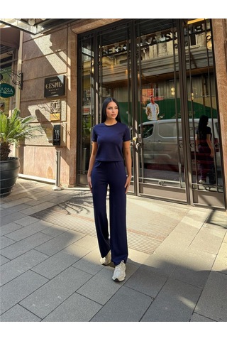 WeShaya Lacivert Polyester Keten Palazzo Takım Lacivert