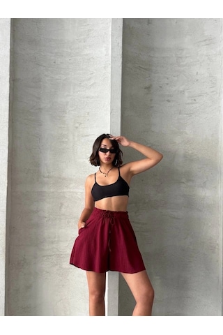 By Mop Volanlı Keten Şort Bordo S255058 Bordo