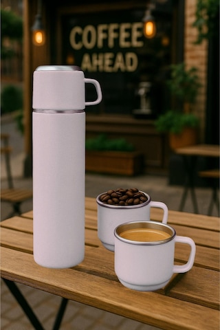 Paslanmaz Çelik 3 Bardaklı Matara Seti-500 Ml Krem