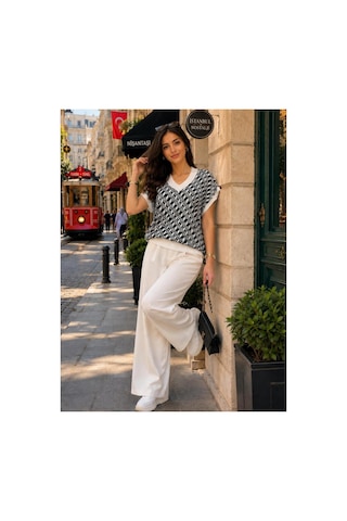 Hira Life Fashion Sfg Life Moda Kadın V Yaka Kare Desenli Şık Süveter Siyah Siyah