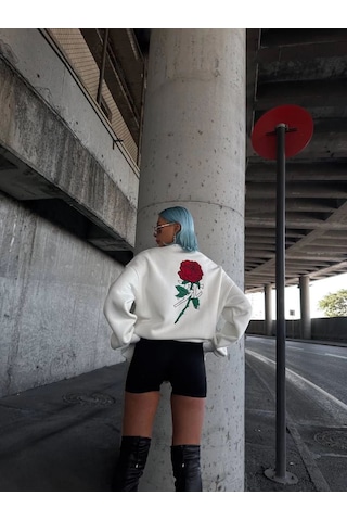 Mbb E-ticaret Kadın 3 İplik Pamuklu Bisiklet Yaka Gül Baskılı Sweatshirt - Beyazbeyaz Beyaz