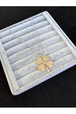 Gümüş Renk 4 Yapraklı Yonca Arpa Zincir Kararmaz Paslanmaz Kadın Kolye Gümüş