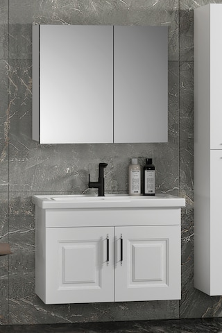 Salkım 80 Cm Beyaz Balon Mdf Seramik Lavabolu Asma Banyo Dolabı Takımı