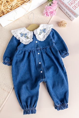Baby Mod Fistolu Bebe Yaka %100 Pamuk Denim Kız Bebek Kot Tulum Mavi