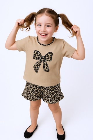 Kız Çocuk Şort Etek Takım Leopar Baskılı Fırfırlı B1 Taba