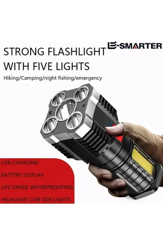 5led Yüksek Güçlü Led El Fenerleri Şarj Edilebilir Kamp Spot Siyah